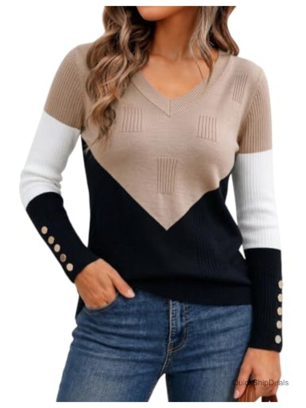 Women's V-Neck Knit Long Sleeve Color Block Pullover Sweater